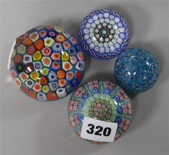 Two Perthshire millefiori paperweights and two Strathearn examples